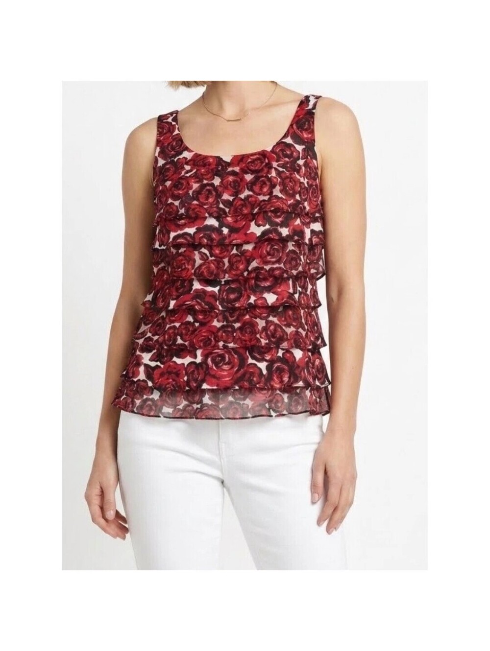 Appears New: White House Black Market Floral Tiered Ruffle Tank Top, Small